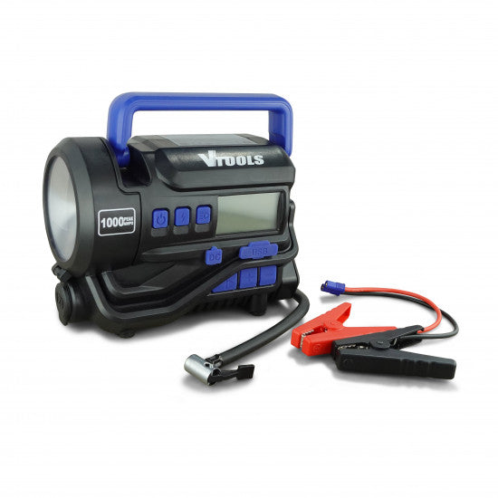 Black and blue jump starter with LED light and clamps on a white background