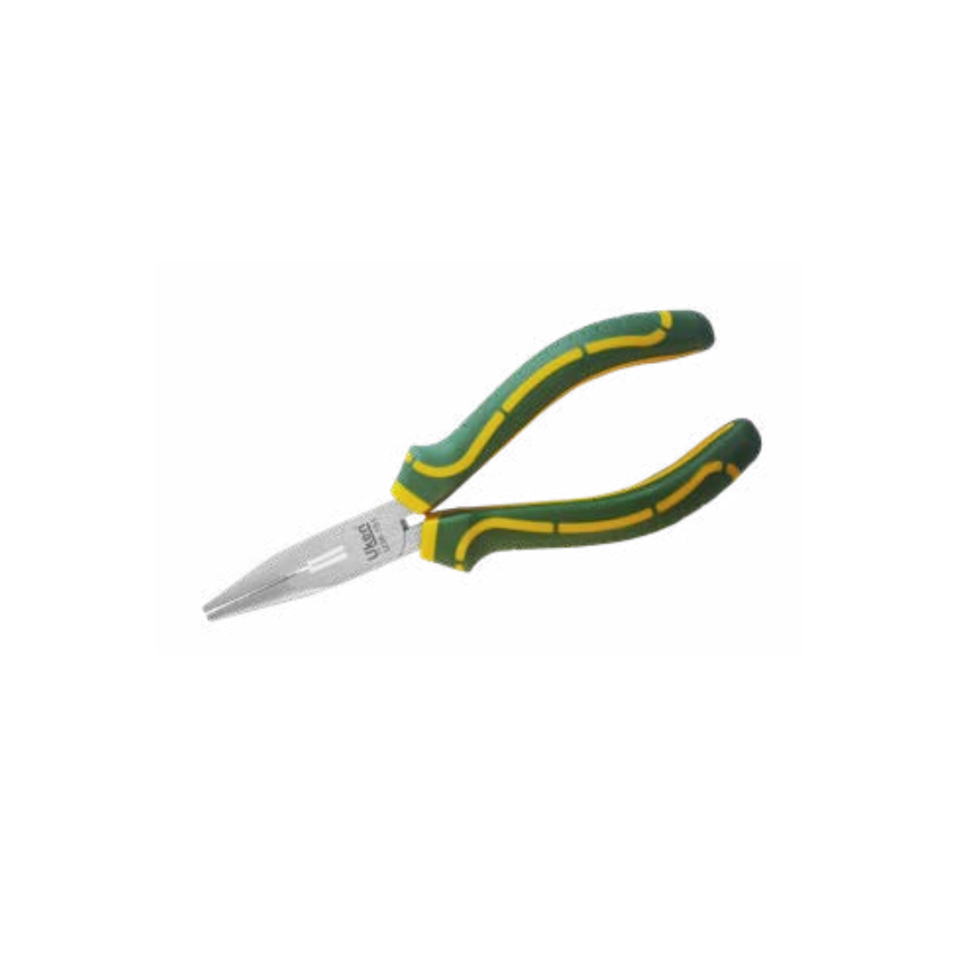 A pair of green and yellow long nose pliers with a metallic blade.