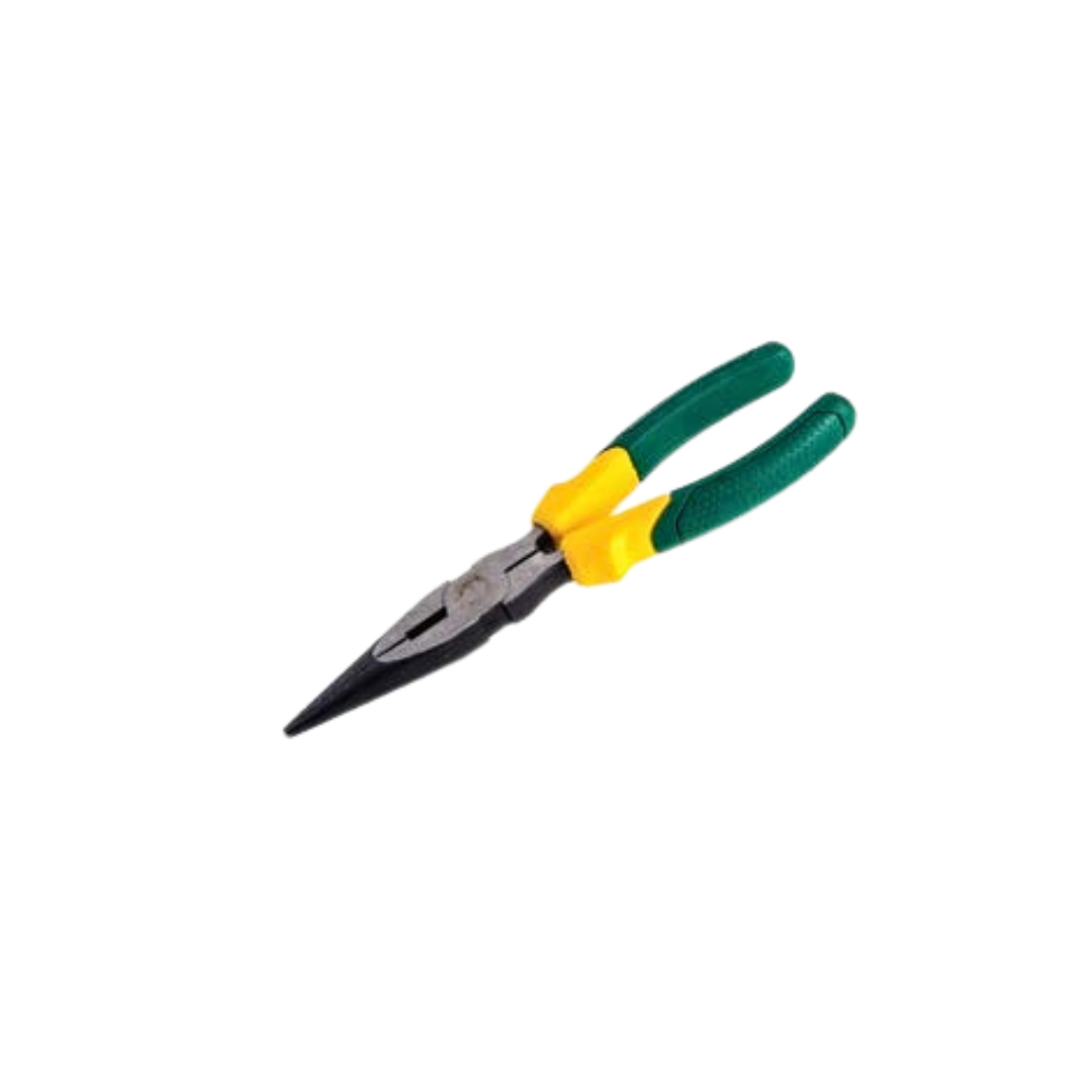 A pair of green-handled long nose pliers with a black cutting head.