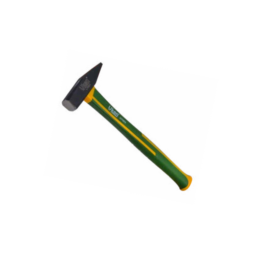 A mechanical hammer with a fiberglass handle featuring a black lacquered head and polished surface, with green and yellow accents.