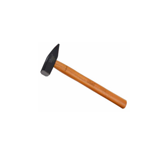 A mechanical hammer with a hickory wooden handle and a black lacquered head.