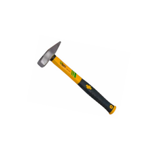 A yellow and black mechanic hammer with a polished head and a fiber handle.