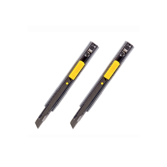Two pocket type metal knives with black and yellow accents on a white background.