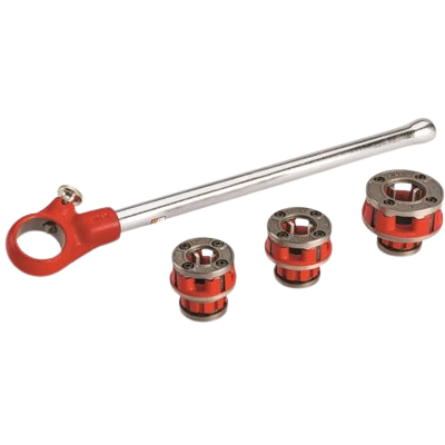 A set of manual exposed ratchet threading die handles with three different sized die heads and a ratchet handle.