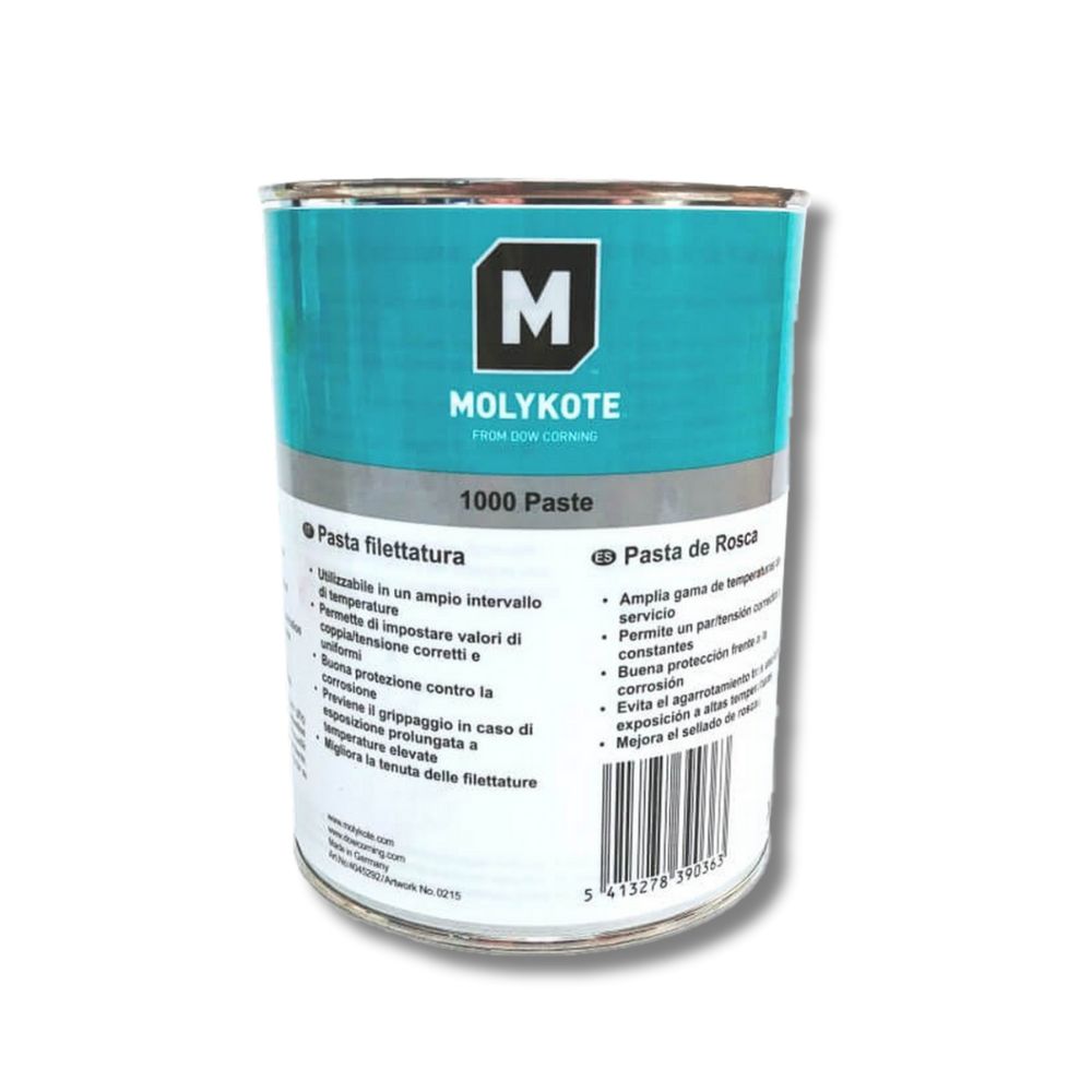 A can of Molykote 1000 Anti-Seize Paste, which is a silver-colored lubricant paste used for preventing galling and corrosion, protecting metal surfaces.