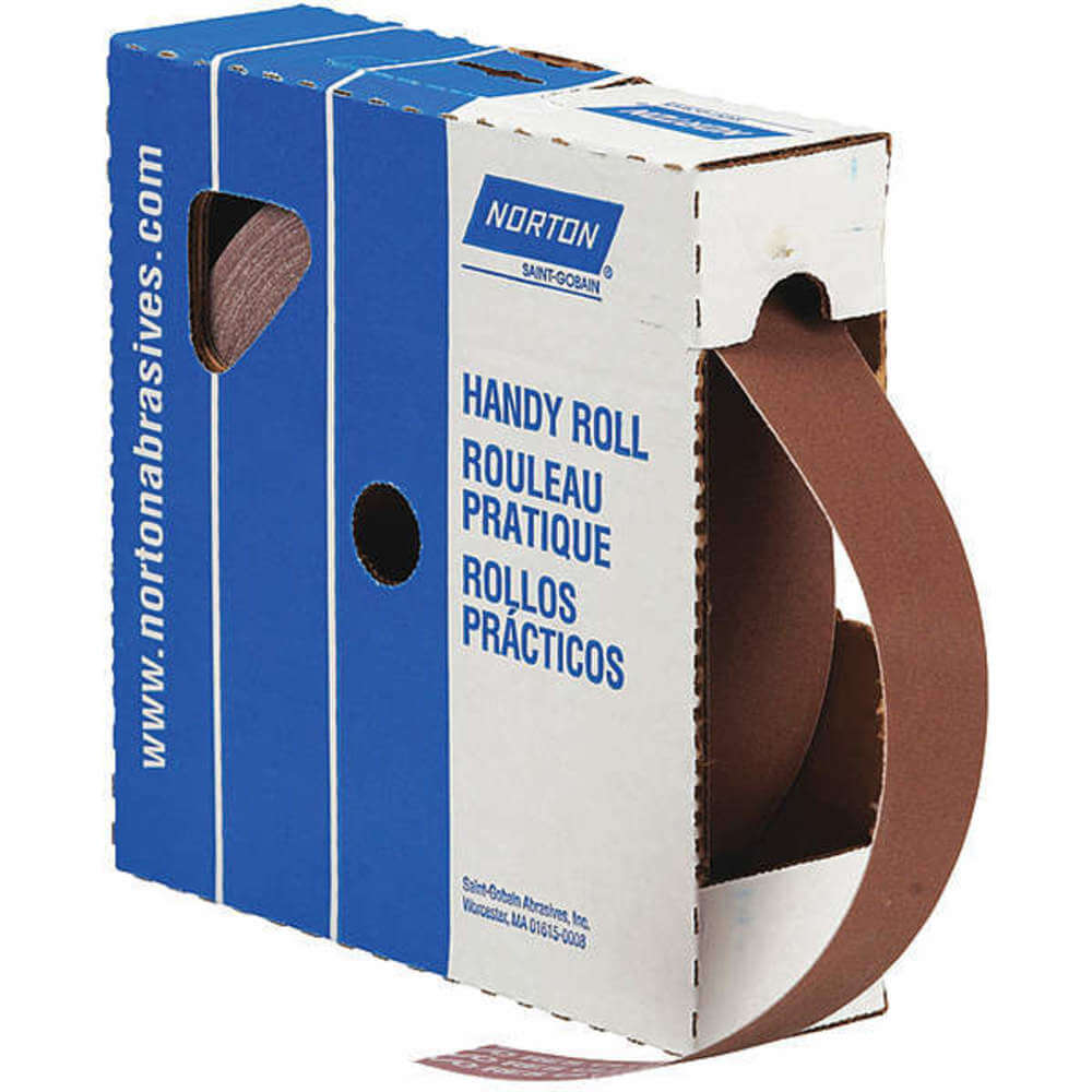 Norton sandpaper roll in a cardboard box on a white background