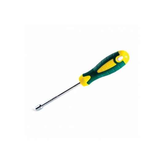 A screwdriver with a green and yellow handle and a chrome-plated shaft.