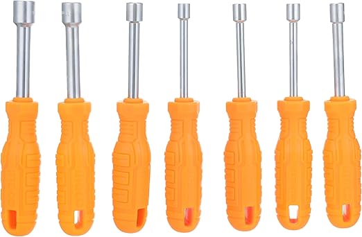 Set of eight orange-handled screwdrivers with metal shafts on a white background
