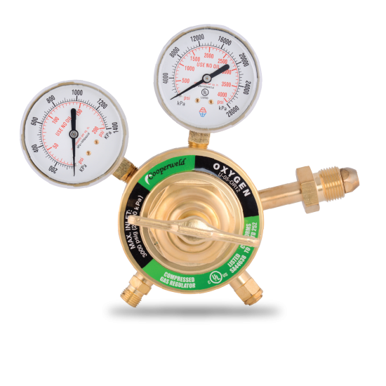 Oxygen compressor gas regulator with two pressure gauges on a white background