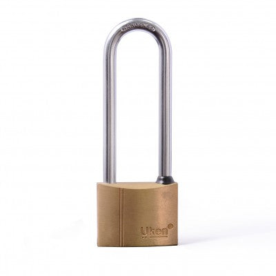 Brass padlock with a long shackle on a white background