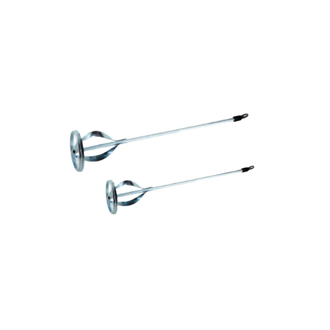 Two heavy duty mixing blades used for mixing paints or other construction materials.