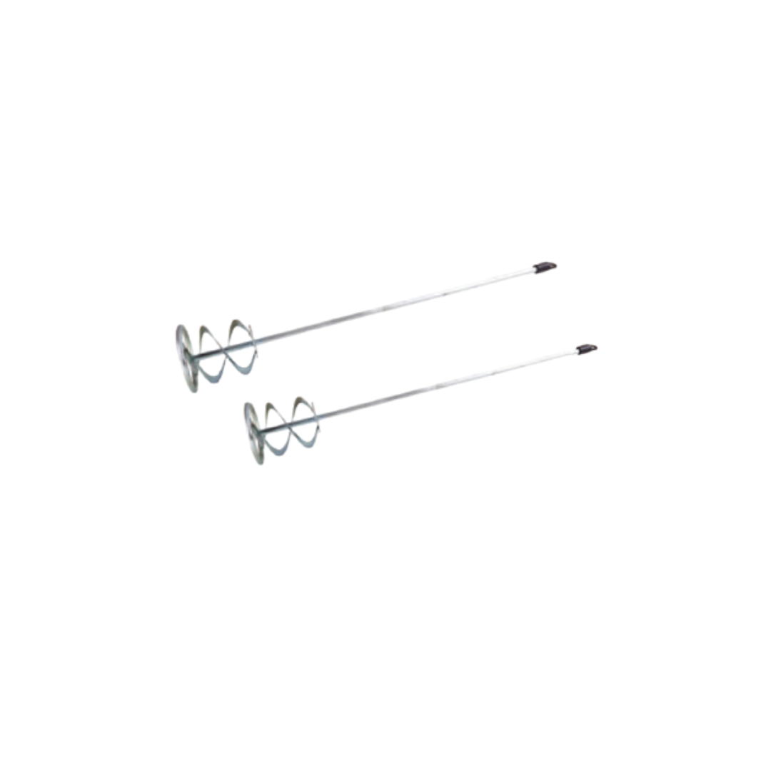 Two paint mixers with metal blades and long handles, one with a smaller size and the other with a larger size, both against a white background.
