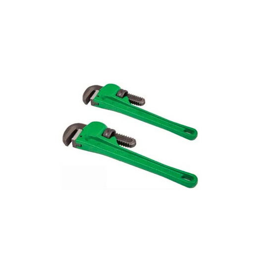 Two green pipe wrenches of different sizes, one larger than the other, both with black jaws and silver-colored adjustment screws.