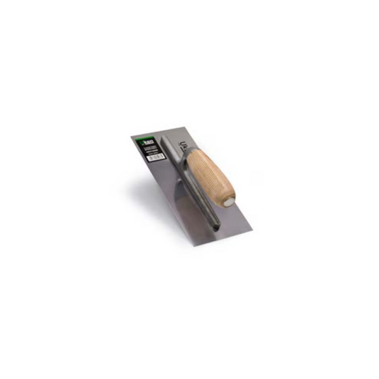A steel plastering trowel with a wooden handle, packaged on a grey background.