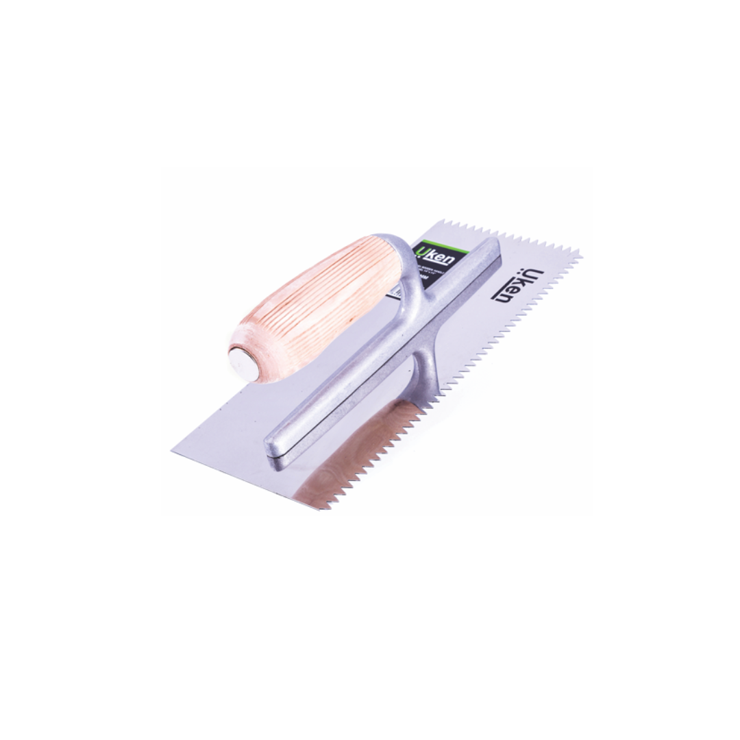 A steel plastering trowel with a wooden handle and zigzag teeth, displayed against a white background.