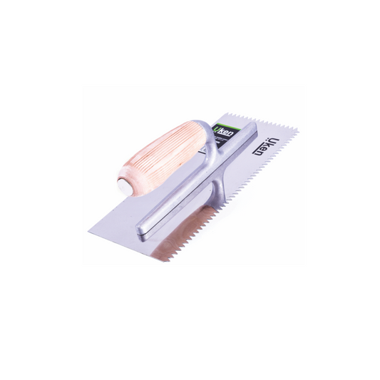 A steel plastering trowel with a wooden handle and zigzag teeth, displayed against a white background.