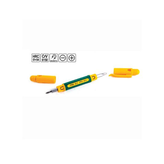 A yellow and green pocket type screw driver with a flat and star blade, alongside its cap.