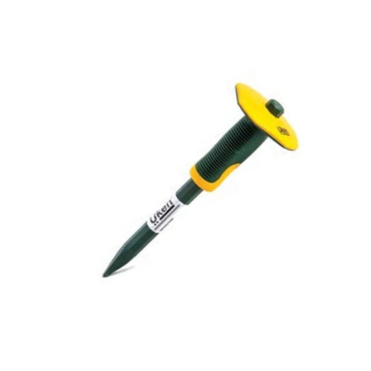 A black, yellow, and silver colored pointed chisel with a grip handle.