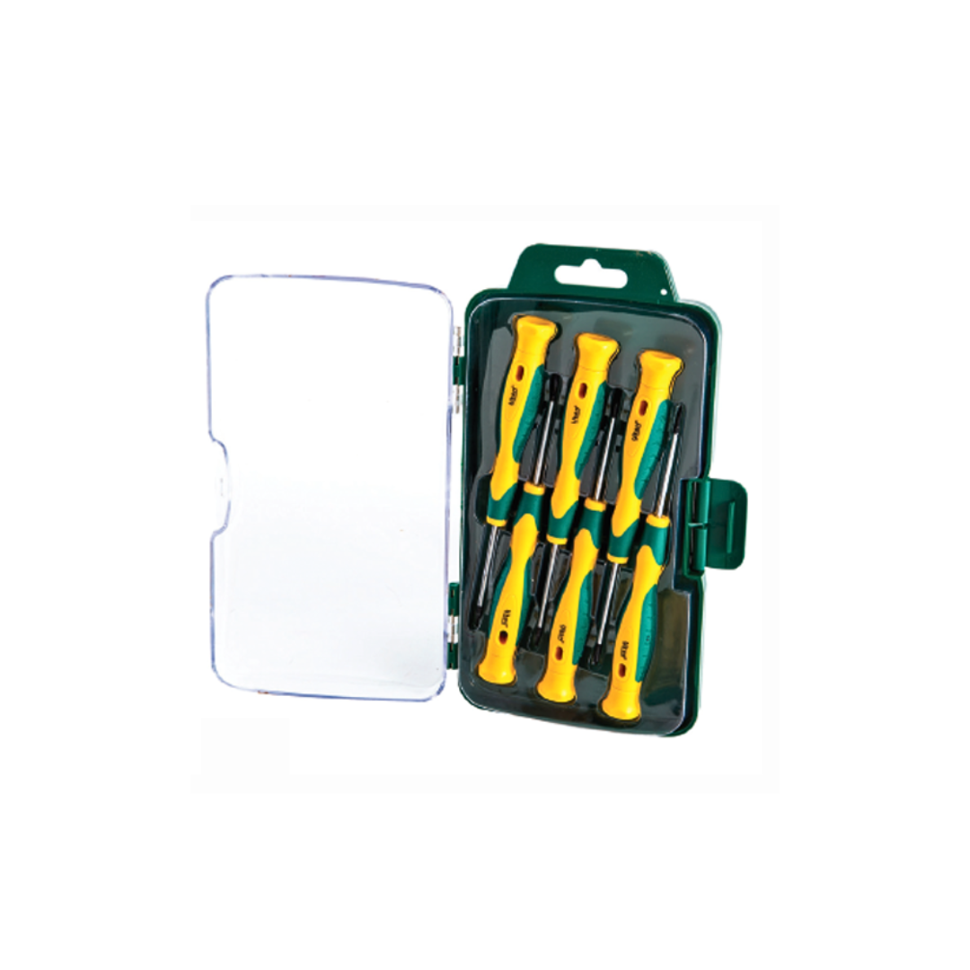 A set of precision screwdrivers with yellow handles and green accents in a clear plastic case.