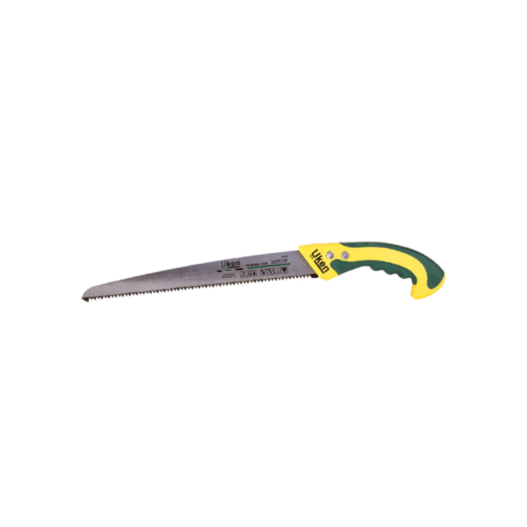 A pruning saw with a yellow and green handle and a silver blade with teeth, accompanied by a sheath.