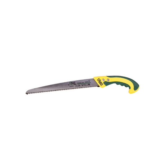 A pruning saw with a yellow and green handle and a silver blade with teeth, accompanied by a sheath.