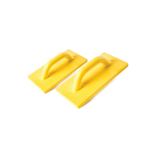 Two yellow PVC trowels with a smooth finish, designed for interior wall and ceiling troweling.