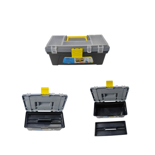 Set of gray toolboxes with yellow latches on a white background