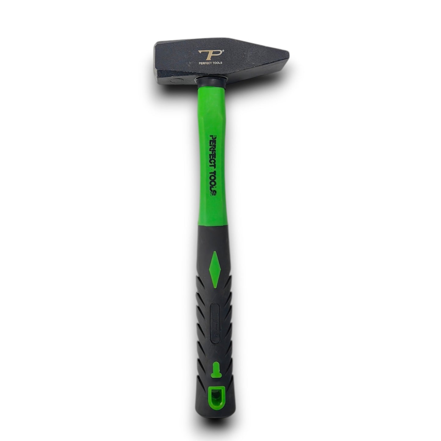Hammer with a green handle on a white background