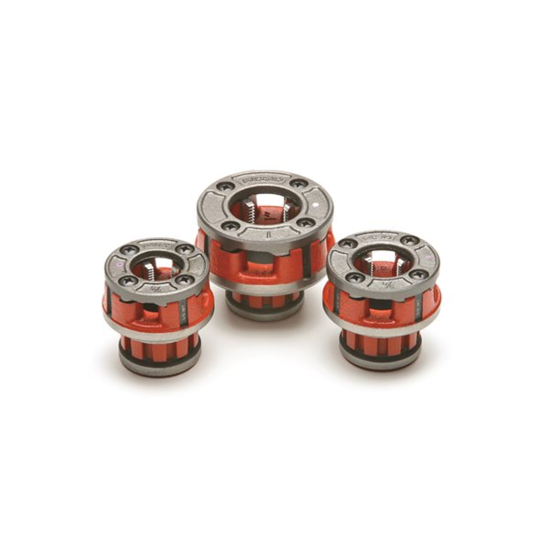 Three pipe threading die heads with red and silver coloring and metallic components.