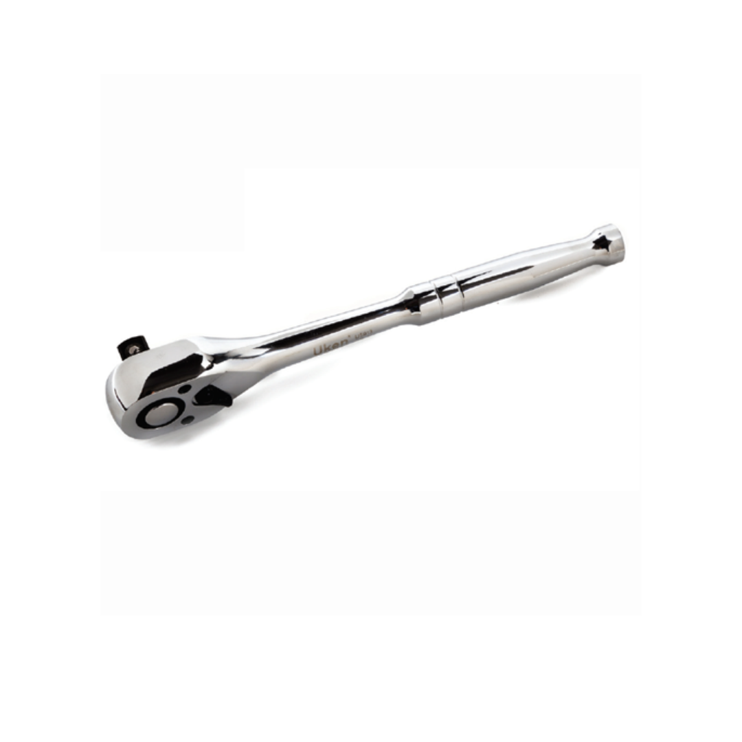 A polished silver ratchet handle with a quick release button.