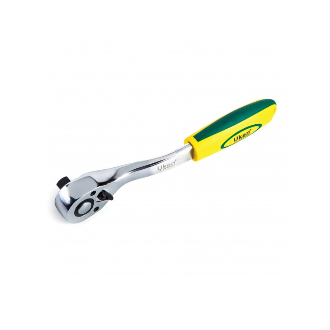 A yellow and green ratchet handle with a quick release button, featuring the Uken brand name on the polished metal head.