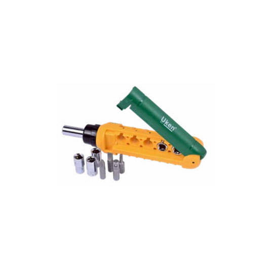 A green and yellow ratchet screwdriver with multiple interchangeable bits, displayed on a white background.