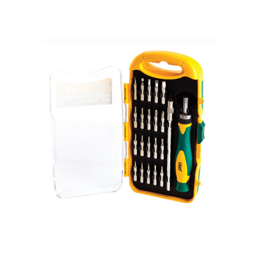 A set of 22 ratchet screwdrivers with black and yellow handles, displayed in an open transparent plastic case with a yellow latch.
