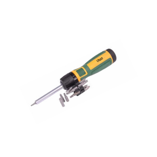 A ratchet screw driver set with a black, green, and yellow handle and silver-colored bits.