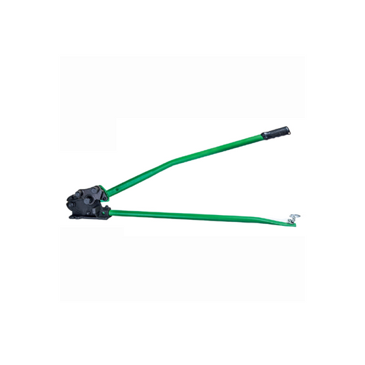 A rebar cutter and bender tool with green and black alloy steel blades, designed for cutting and bending concrete reinforcing rod etc., with a black handle and a green cutting area.