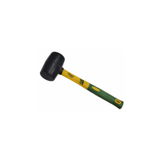 A black rubber hammer with a yellow fiber handle. The hammer has a textured grip on the handle and a smooth, solid appearance on the head.
