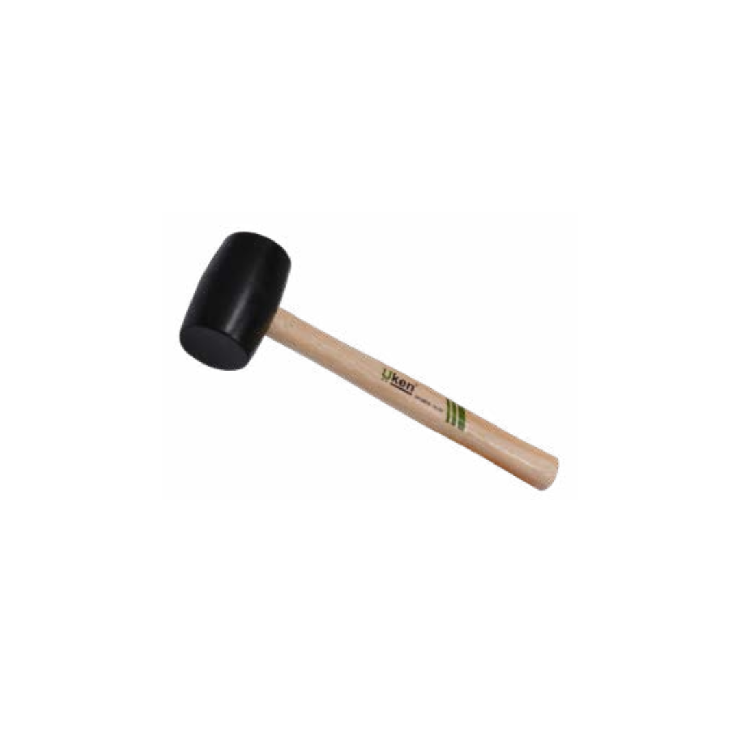 A black rubber hammer with a wooden handle.