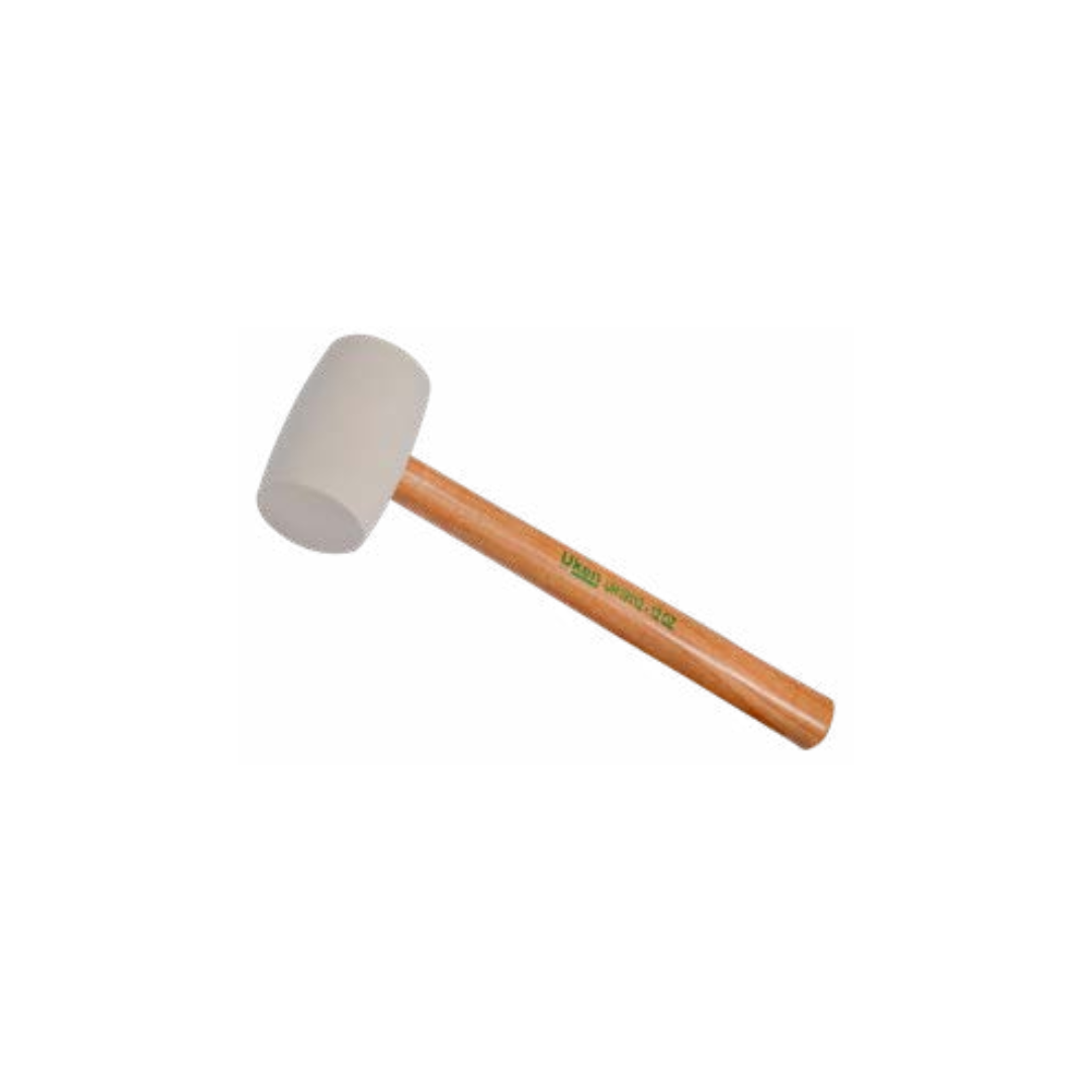 A white rubber hammer with a wood handle.