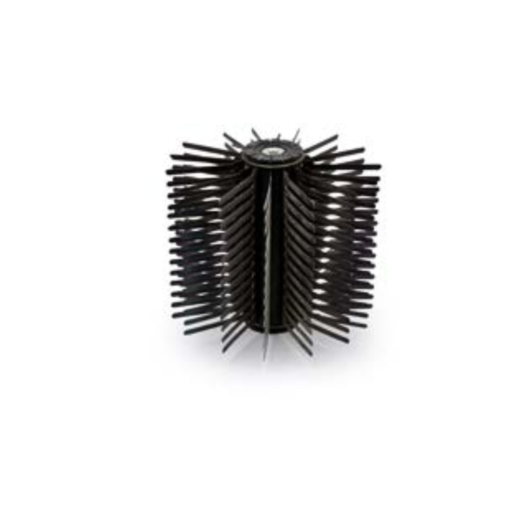 A black hair dryer accessory, specifically a flicker blade with dense bristles.