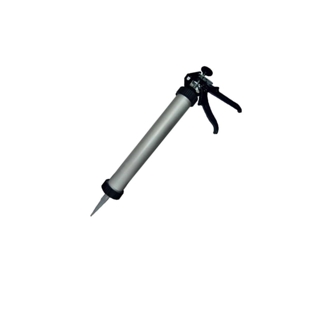 A sausage gun with a smooth metallic rod, black trigger action, and a thump release near the base.