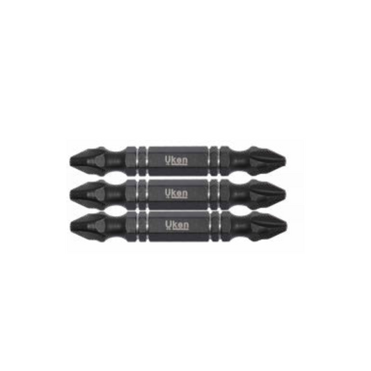 A set of black double-ended impact screw bits with PH2 head, branded with 'Uken'.