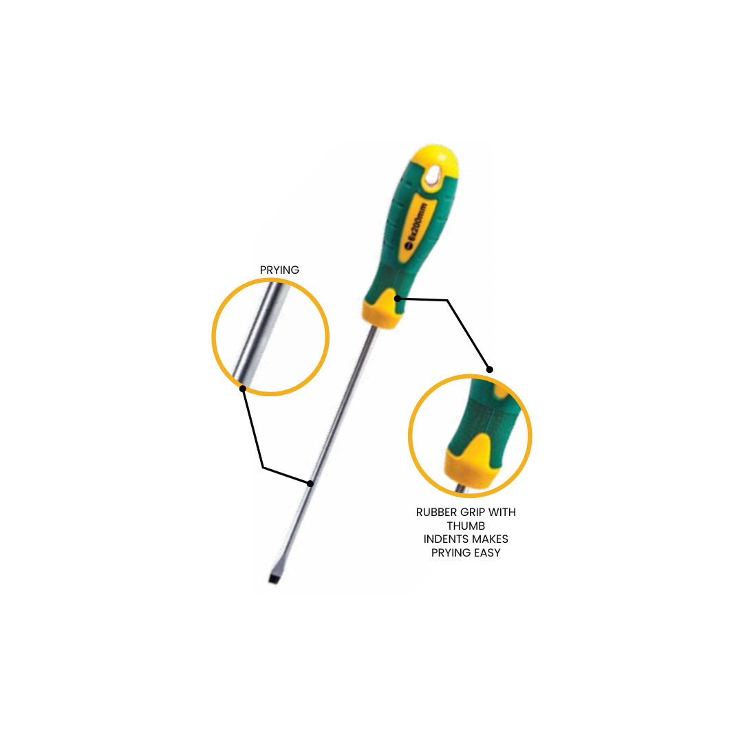 A flat head screwdriver with a green handle, yellow grip, and silver-colored blade.