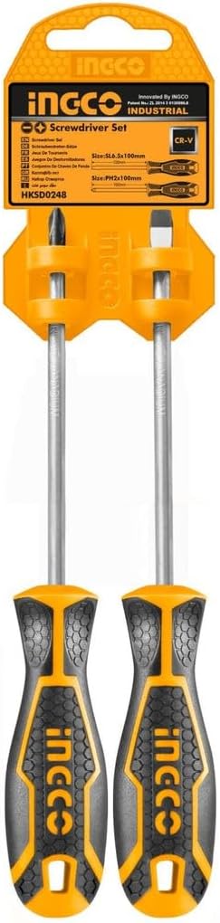 Two screwdrivers with a packaging card featuring the INGCO brand on a white background.