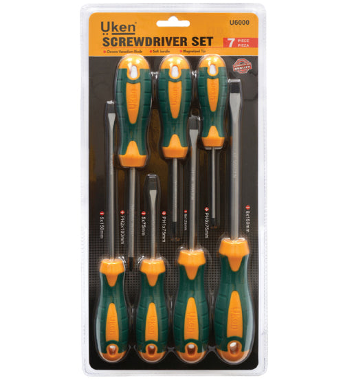 Uken screwdriver set packaging with seven screwdrivers on a white background