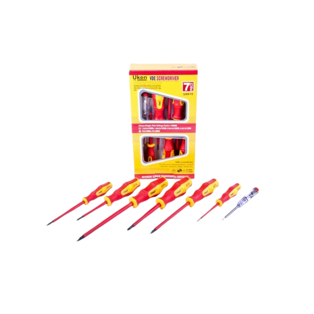 A set of red and yellow screwdrivers with plastic handles, displayed alongside their packaging which indicates a 7-piece VDE screwdriver set.