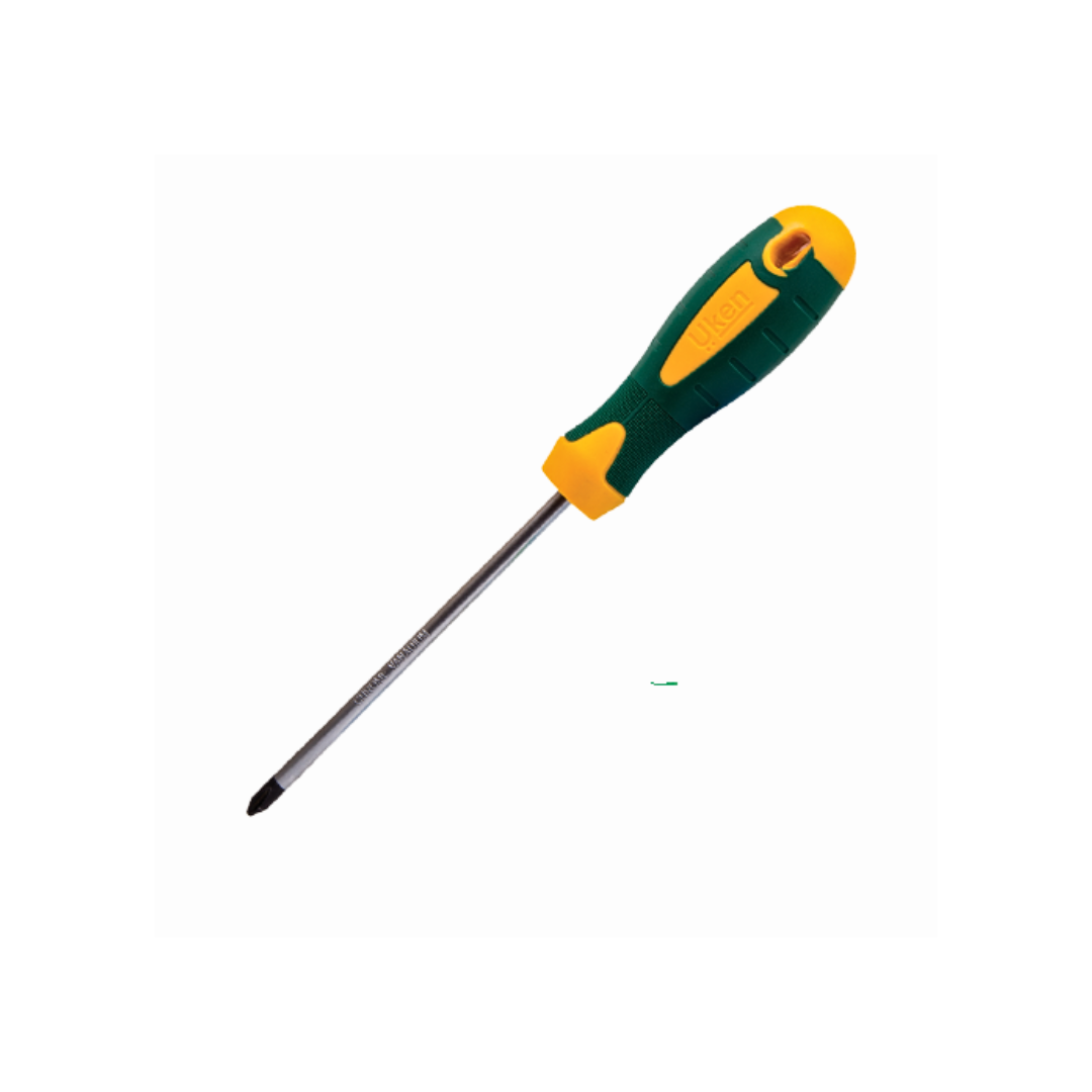 A yellow and green screwdriver with a black blade and a TPR handle.