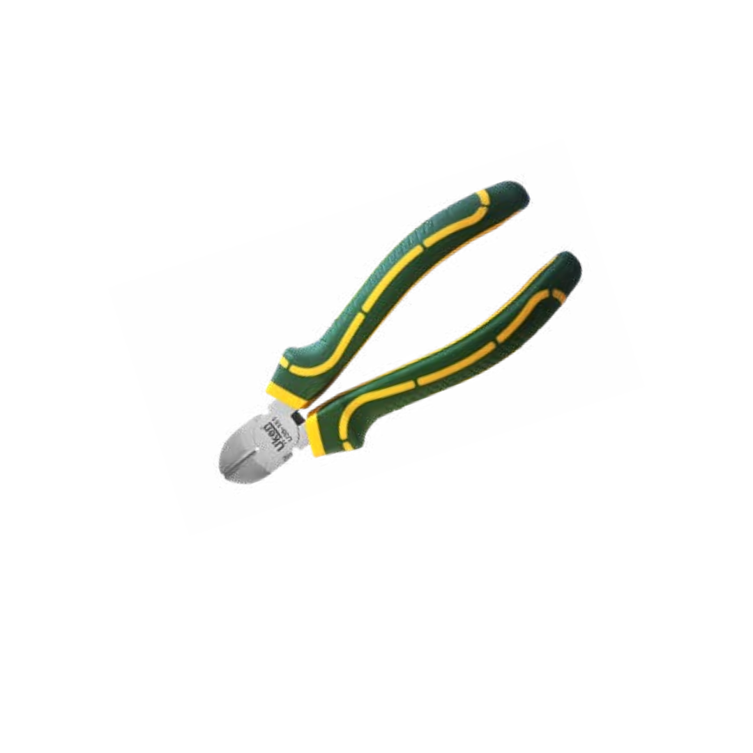 A pair of green and yellow side cutting pliers with a metallic blade.