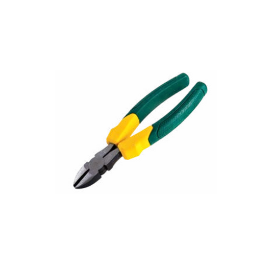 A pair of green-handled side cutting pliers with a double colour sleeve.