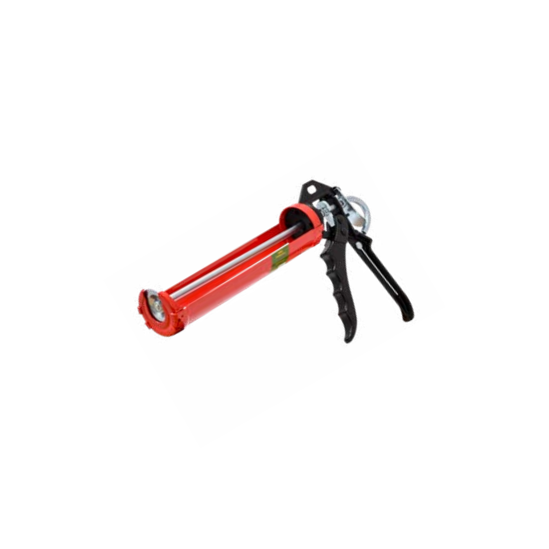 A heavy duty caulking gun with a red body and black handle.