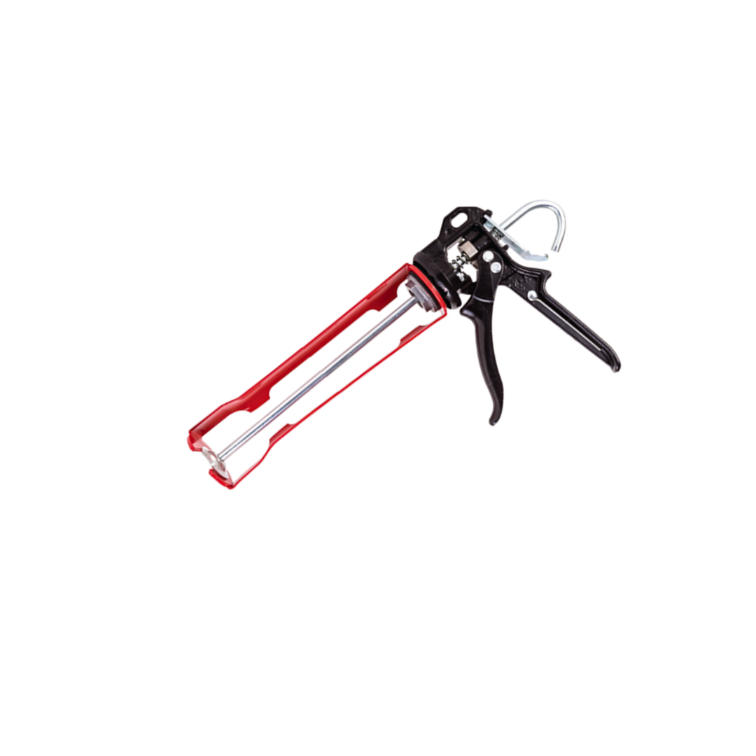 A red and silver rotating caulking silicon gun with a Skeleton frame capacity, handle with plunger and release clip.